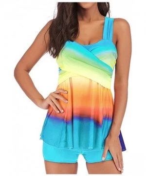 Racing Slimming Colourful Rainbow Gradient Tankini Swimjupmsuit Women Plus Size Swimsuit Padded Beachwear - Light Blue - CU18...