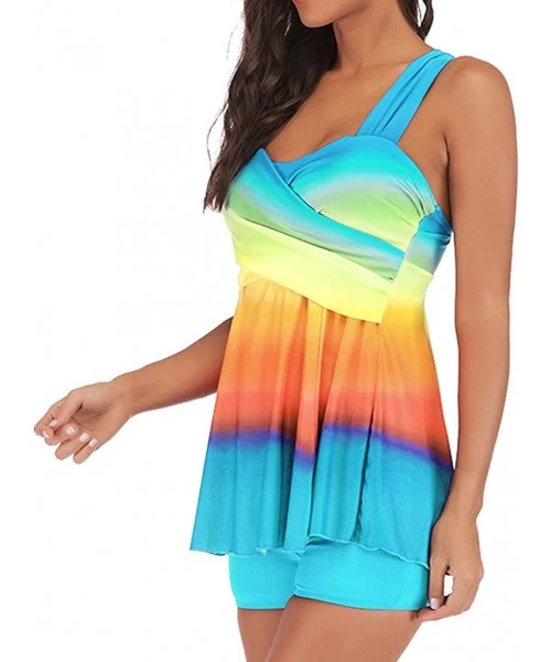 Racing Slimming Colourful Rainbow Gradient Tankini Swimjupmsuit Women Plus Size Swimsuit Padded Beachwear - Light Blue - CU18...