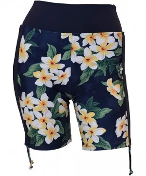 Board Shorts Women Side Tied Plus Size UPF 50+ Swim Board Shorts Rash Gaurd - Hawaiian Navy Plumeria - CW18K2WHH8Z