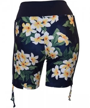 Board Shorts Women Side Tied Plus Size UPF 50+ Swim Board Shorts Rash Gaurd - Hawaiian Navy Plumeria - CW18K2WHH8Z