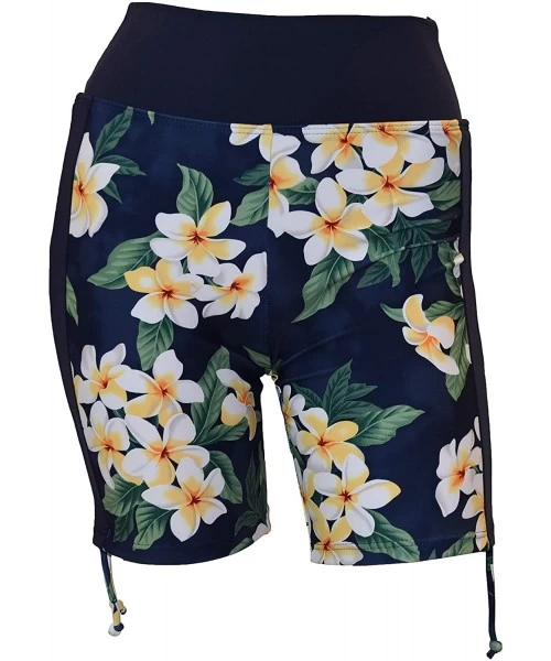 Board Shorts Women Side Tied Plus Size UPF 50+ Swim Board Shorts Rash Gaurd - Hawaiian Navy Plumeria - CW18K2WHH8Z