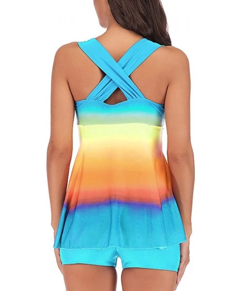 Racing Slimming Colourful Rainbow Gradient Tankini Swimjupmsuit Women Plus Size Swimsuit Padded Beachwear - Light Blue - CU18...