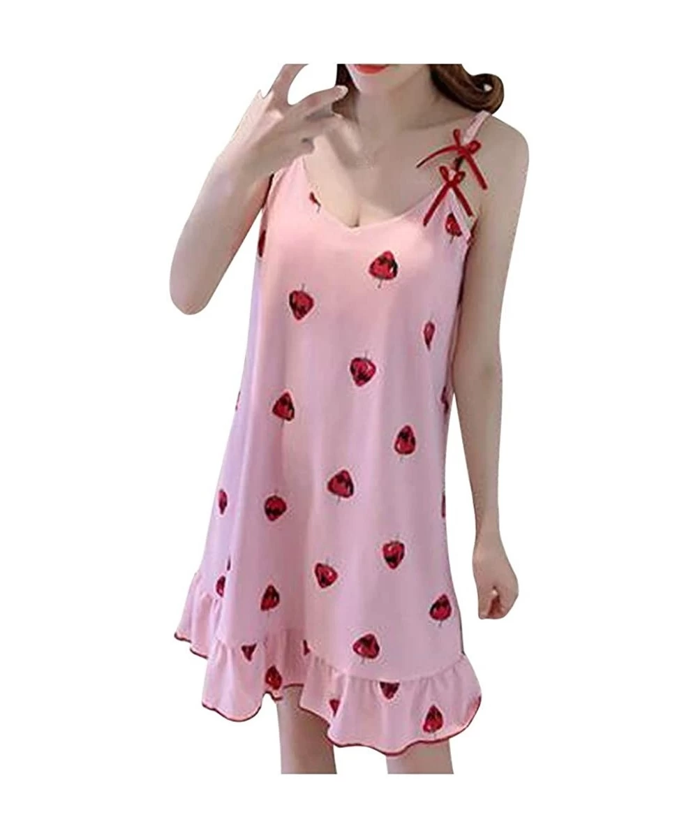 Cover-Ups Home Mini Dress for Women Sexy Nightdress Sleeveless Cartoon Print Ruffled Sleepwear Lovely Pajamas - F - C019C2MXR3X