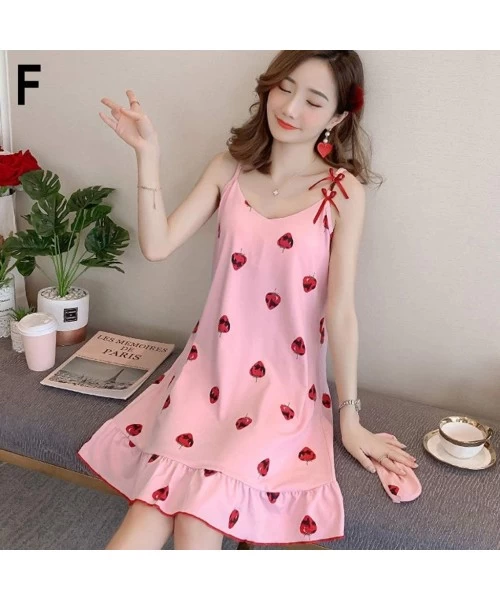 Cover-Ups Home Mini Dress for Women Sexy Nightdress Sleeveless Cartoon Print Ruffled Sleepwear Lovely Pajamas - F - C019C2MXR3X