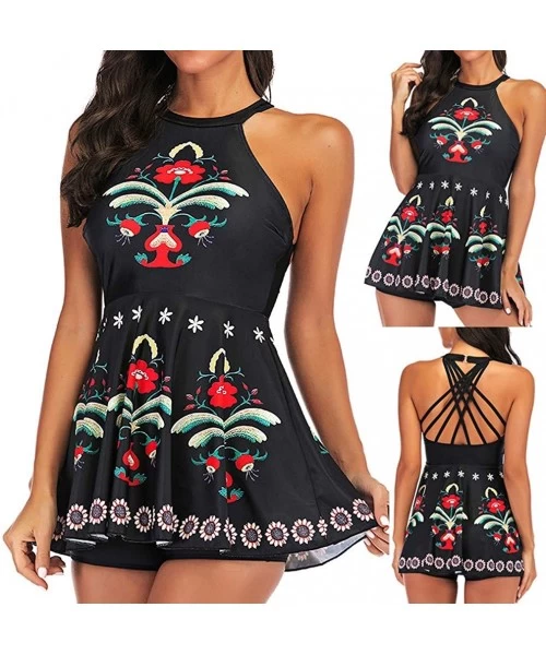 One-Pieces Women's Retro Print Skirt Swimming Suit Tummy Control Swimdress Tankini Swimsuit - Black - CZ18URNW0I0