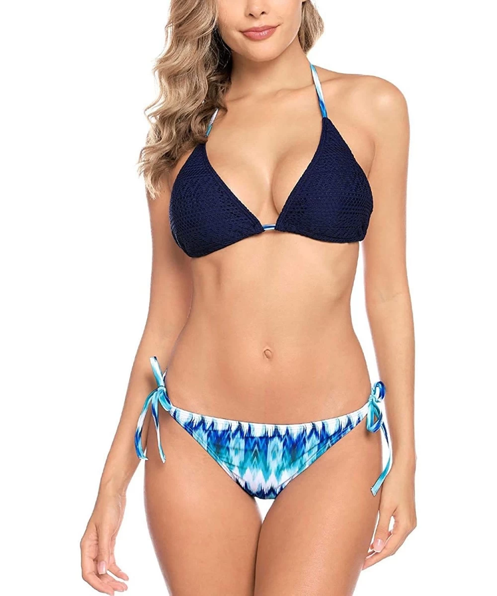 Sets Halter Bikini 2 Piece Swimsuits for Women Triangle Bathing Suits - Wave Stripe-navy Blue Crochet - CS193ZZ4E9I