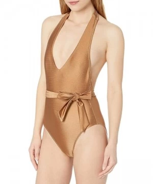 One-Pieces Women's Plunge Halter Sexy One Piece Swimsuit - Bronze - CI18ZQ0QE8N