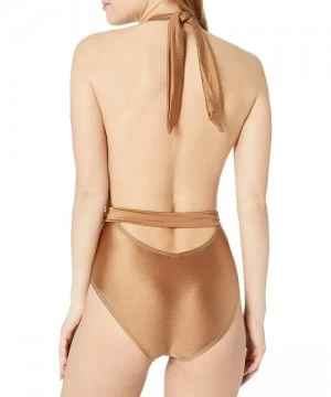 One-Pieces Women's Plunge Halter Sexy One Piece Swimsuit - Bronze - CI18ZQ0QE8N