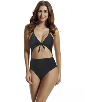 One-Pieces Women's Tie Front Cutout One Piece Swimsuit Bathing Suit - Black - CZ18LHQZODM