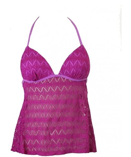 Tankinis Juniors Crochet Halter Tankini Top - Pink - CA12CZXAUA9