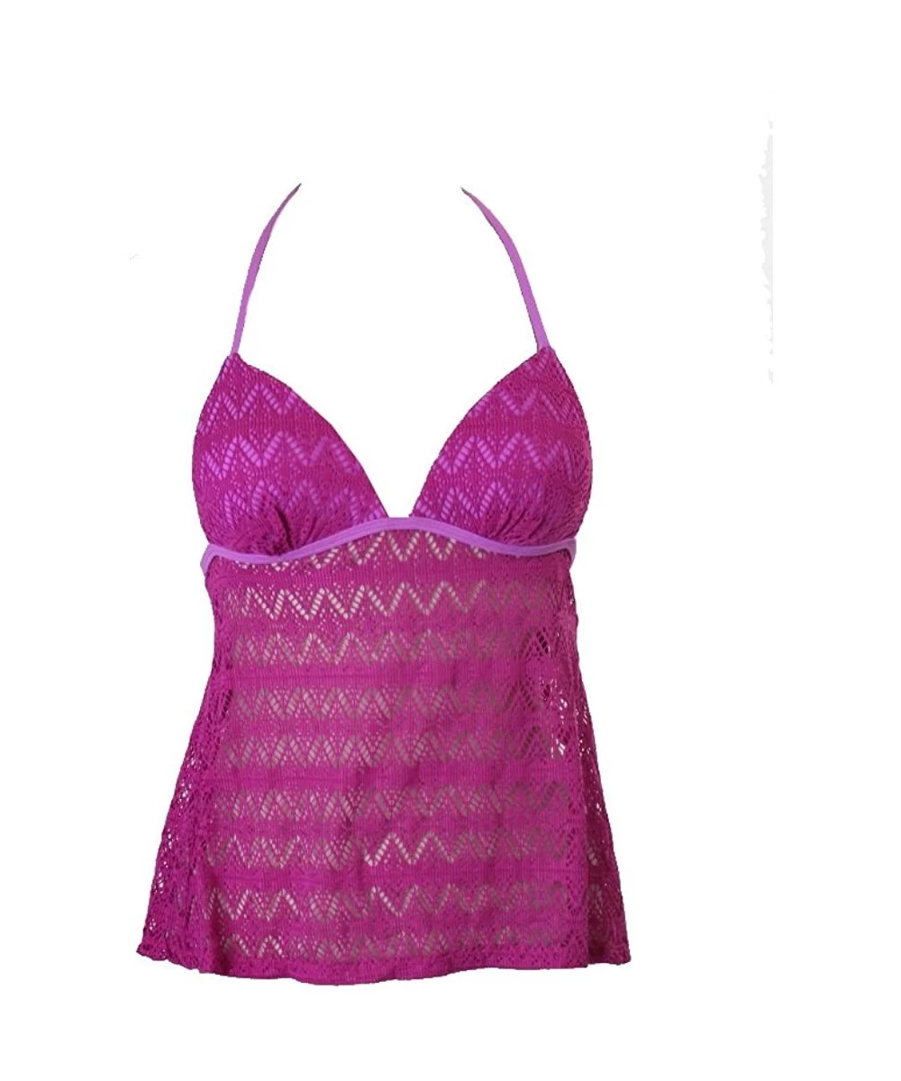 Tankinis Juniors Crochet Halter Tankini Top - Pink - CA12CZXAUA9