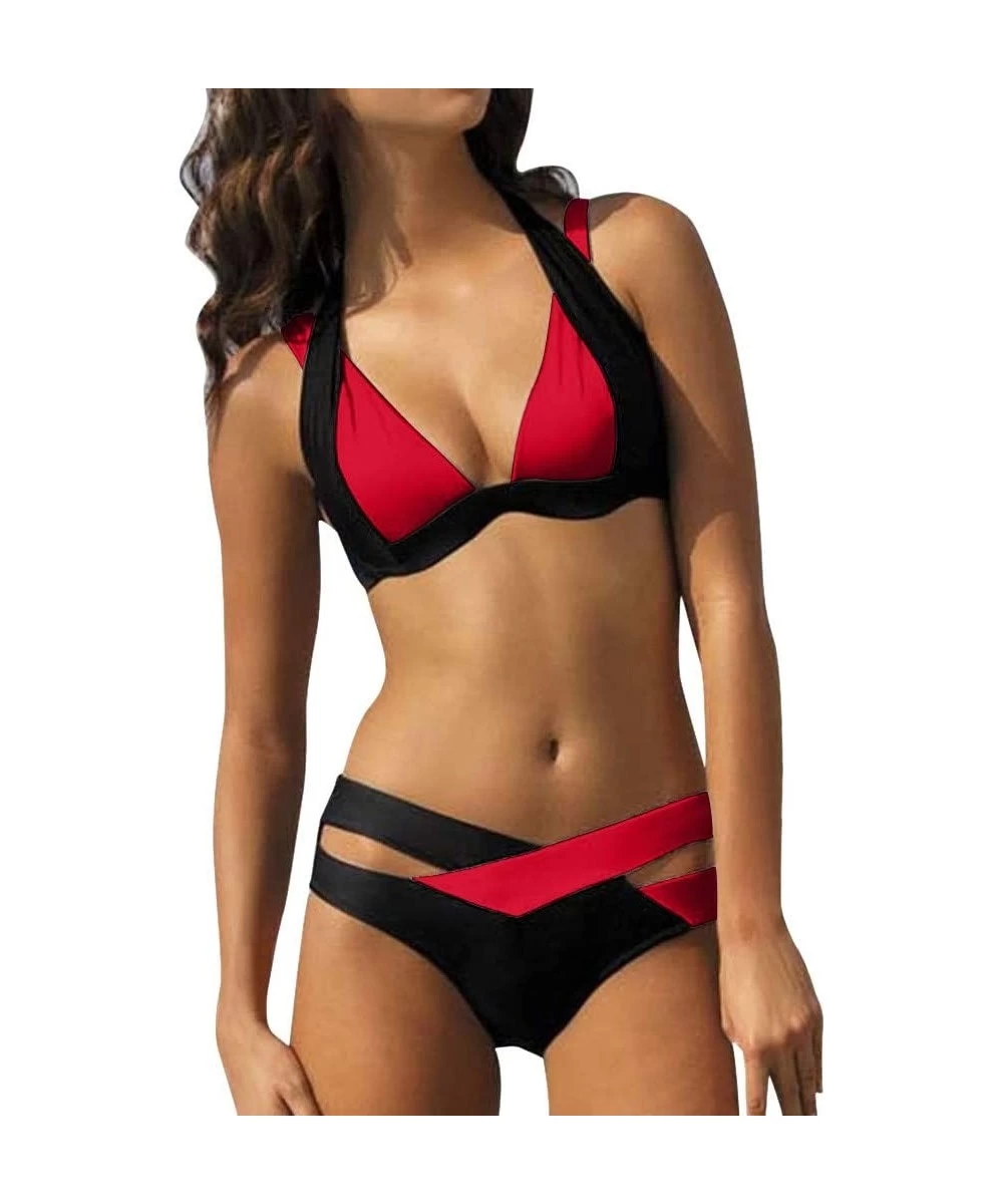 Sets Womens Two Piece Swimsuits Colorblock Swim Bottoms Halter Bandage Bikini Sets Bathing Suit Beach Swimwear Y a red - CM19...