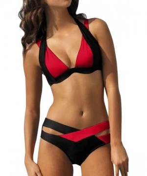 Sets Womens Two Piece Swimsuits Colorblock Swim Bottoms Halter Bandage Bikini Sets Bathing Suit Beach Swimwear Y a red - CM19...