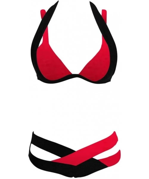 Sets Womens Two Piece Swimsuits Colorblock Swim Bottoms Halter Bandage Bikini Sets Bathing Suit Beach Swimwear Y a red - CM19...