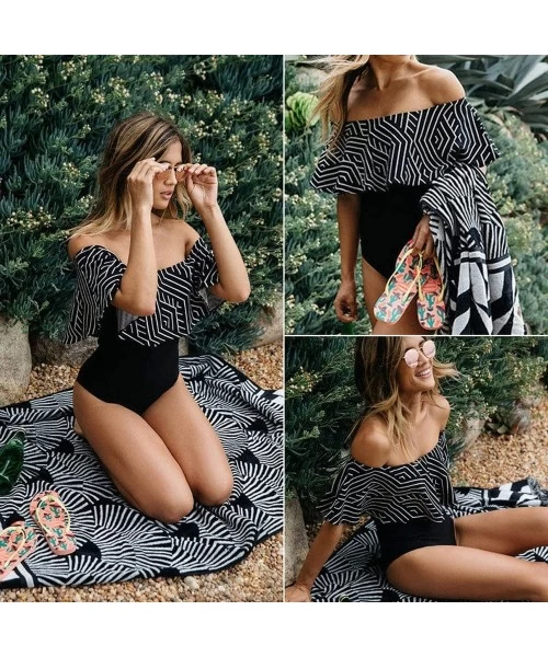 One-Pieces Women One-Piece Swimsuit Bikini Sets - Off One Shoulder Ruffled Cover Beachwear Swimwear Push Up Padded Bathing Su...