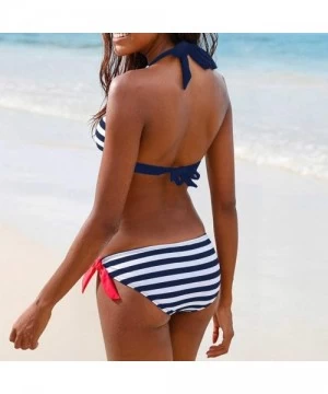 Sets Two Piece Suit Women Sexy Striped Print Swimsuit Bikini Bathing Bra Beachwear Navy - CF18S5ZW236