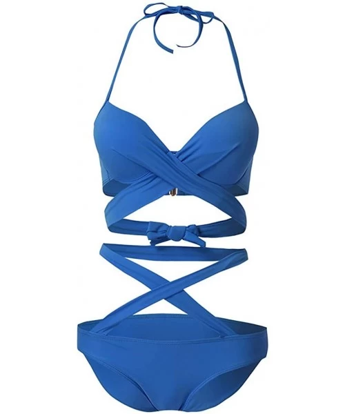 One-Pieces Women's One Piece Monokini Swimsuits- Sexy High Cut Cross Bandage Hollow Push Up Bathing Suits Swimwear - Blue - C...