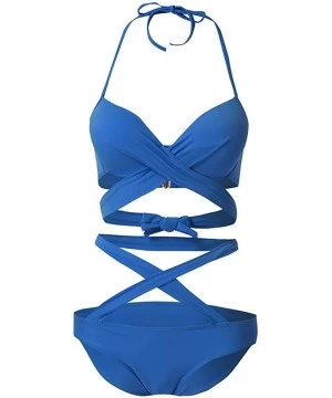 One-Pieces Women's One Piece Monokini Swimsuits- Sexy High Cut Cross Bandage Hollow Push Up Bathing Suits Swimwear - Blue - C...