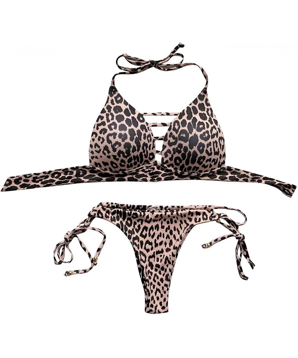 Sets Leopard Bikini Set Two Piece Swimsuit Push-Up Bra Top Triangle Bottom Sling Swimwear Beach Bathing Suit - Black - C7194E...