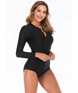 Rash Guards Women's Zip Front Printed Swimwear One Piece Long Sleeve Rash Guard UV Protection Surfing Swimsuit - Black - CN18...