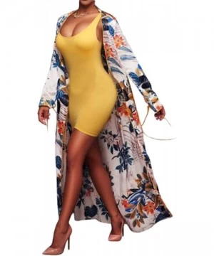 Cover-Ups Women Open Front Floral Print Long Kimono Cardigan Coat Beach Cover Up - Floral - CU184SGL50Z