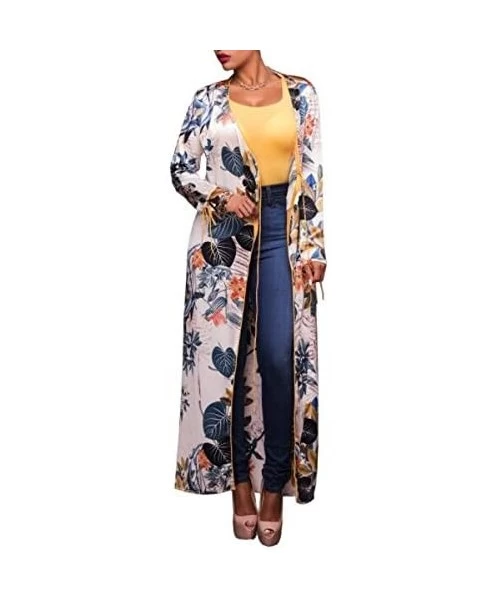 Cover-Ups Women Open Front Floral Print Long Kimono Cardigan Coat Beach Cover Up - Floral - CU184SGL50Z