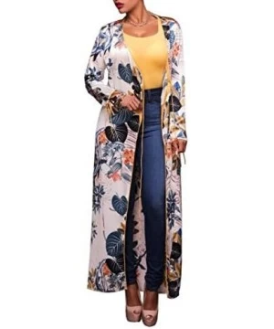 Cover-Ups Women Open Front Floral Print Long Kimono Cardigan Coat Beach Cover Up - Floral - CU184SGL50Z