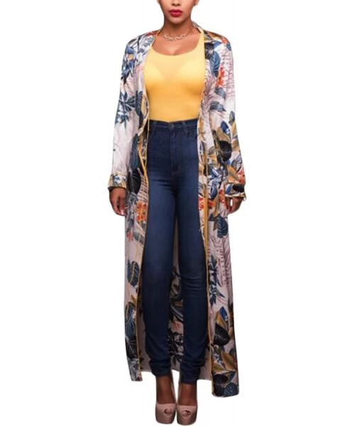 Cover-Ups Women Open Front Floral Print Long Kimono Cardigan Coat Beach Cover Up - Floral - CU184SGL50Z