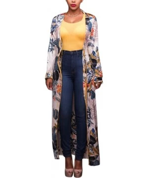 Cover-Ups Women Open Front Floral Print Long Kimono Cardigan Coat Beach Cover Up - Floral - CU184SGL50Z