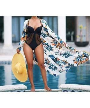 Cover-Ups Women Open Front Floral Print Long Kimono Cardigan Coat Beach Cover Up - Floral - CU184SGL50Z