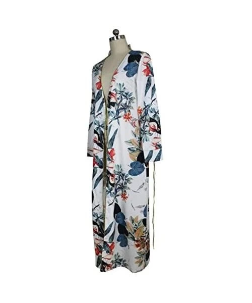 Cover-Ups Women Open Front Floral Print Long Kimono Cardigan Coat Beach Cover Up - Floral - CU184SGL50Z