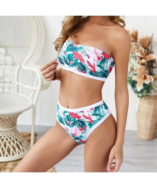 Sets Women's Bandeau Smocked Bikini Two Piece Strapless Bikini Tropical Leaf Bathing Suit High Waist Swimsuit Swimwear White ...