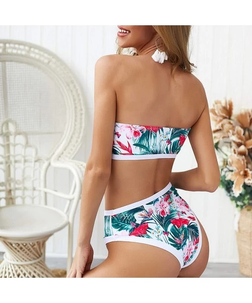 Sets Women's Bandeau Smocked Bikini Two Piece Strapless Bikini Tropical Leaf Bathing Suit High Waist Swimsuit Swimwear White ...