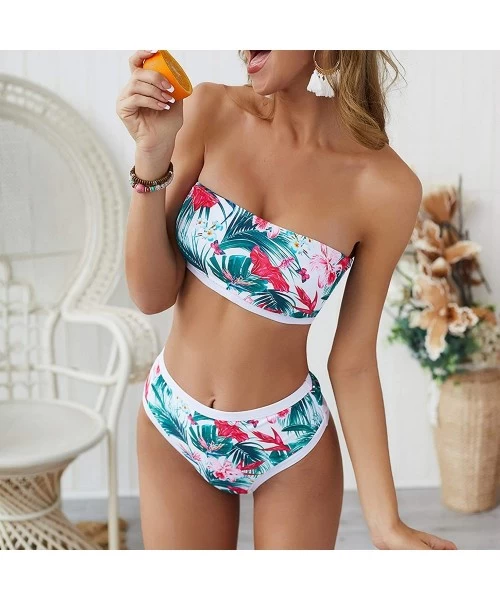 Sets Women's Bandeau Smocked Bikini Two Piece Strapless Bikini Tropical Leaf Bathing Suit High Waist Swimsuit Swimwear White ...