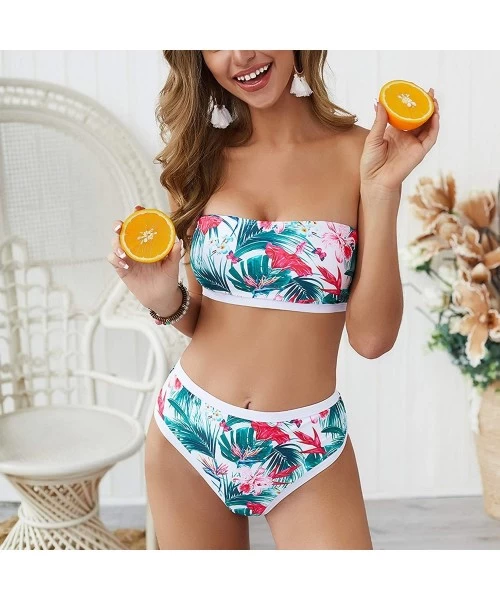 Sets Women's Bandeau Smocked Bikini Two Piece Strapless Bikini Tropical Leaf Bathing Suit High Waist Swimsuit Swimwear White ...