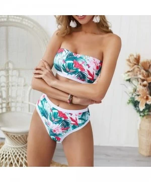 Sets Women's Bandeau Smocked Bikini Two Piece Strapless Bikini Tropical Leaf Bathing Suit High Waist Swimsuit Swimwear White ...