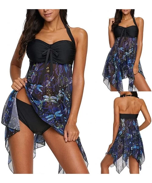 One-Pieces Women Swimsuit Two Piece Tankini Mesh Swimdress Floral Printed with Briefs Bathing Suits - Black - CW194XLN4RA