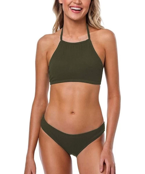 Sets Women's High Neck Halter Bikini Set 2 Piece Swimsuit Bathing Suits - Army Green - CY19C2IDG4U