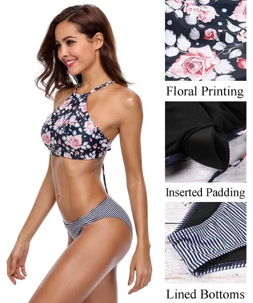 Bottoms Womens Floral Striped Halter High Neck Bikini Swimsuit Set Cross Back - Floral - CE189SGGHE9