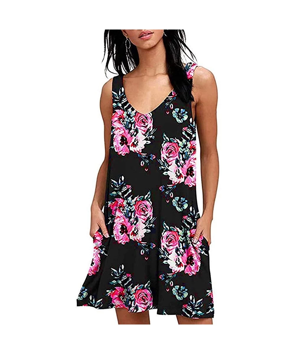 Cover-Ups Summer Dresses for Women Beach Floral Tshirt Sundress Sleeveless Pockets Casual Loose Tank Dress - Black Floral - C...