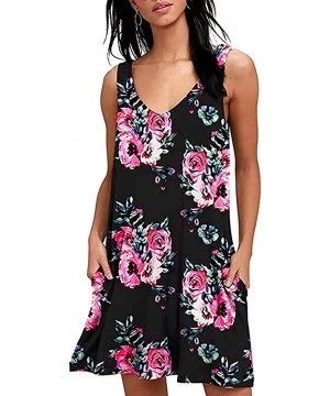 Cover-Ups Summer Dresses for Women Beach Floral Tshirt Sundress Sleeveless Pockets Casual Loose Tank Dress - Black Floral - C...