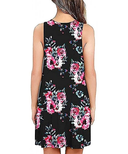 Cover-Ups Summer Dresses for Women Beach Floral Tshirt Sundress Sleeveless Pockets Casual Loose Tank Dress - Black Floral - C...