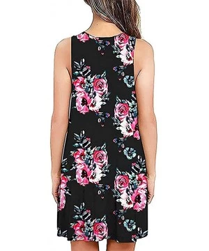 Cover-Ups Summer Dresses for Women Beach Floral Tshirt Sundress Sleeveless Pockets Casual Loose Tank Dress - Black Floral - C...