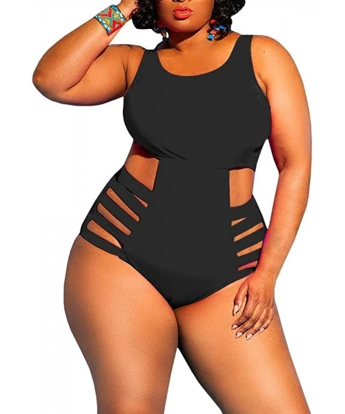 One-Pieces Womens Plus Size Swimwear High Waist One Piece Swimsuits Sexy Control Cutout Bathing Suit Monokini - Black - CU18Q...