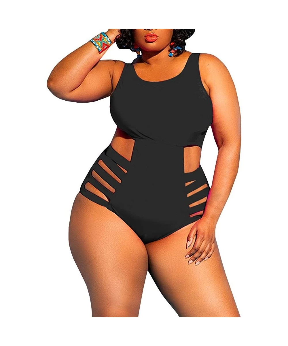 One-Pieces Womens Plus Size Swimwear High Waist One Piece Swimsuits Sexy Control Cutout Bathing Suit Monokini - Black - CU18Q...