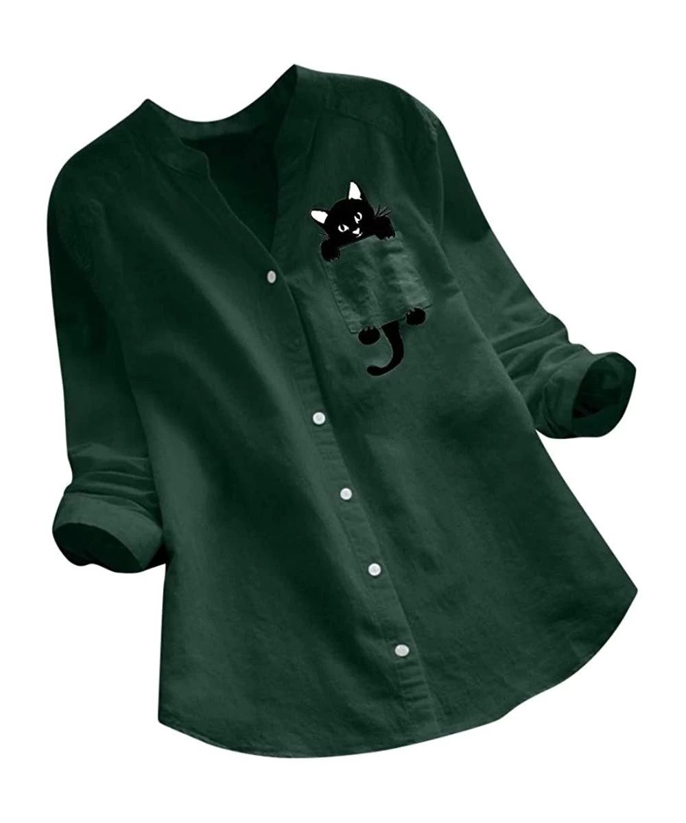 Racing Women Cotton Linen Casual Loose Button Down Shirt Cat Print Long Sleeve Basic Blouse Henley Tops Tunic Tees Green - C6...