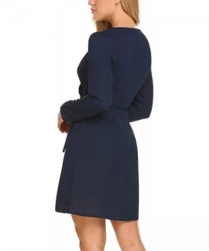 Cover-Ups Women's Plain Long Sleeve Dress Flowy Midi Work Casual Dresses with Belt - Navy - CU185TIO4Y8