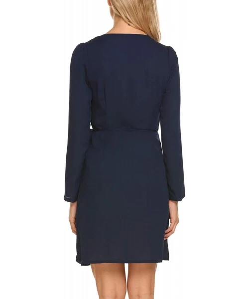 Cover-Ups Women's Plain Long Sleeve Dress Flowy Midi Work Casual Dresses with Belt - Navy - CU185TIO4Y8