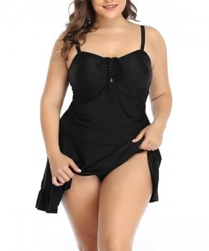 Tankinis Womens Plus Size Ruched Tie Tankini Top Ruffled Skirts Set 2 Piece Swimsuit Swimwear - Solid Black - CP192W9QSEU