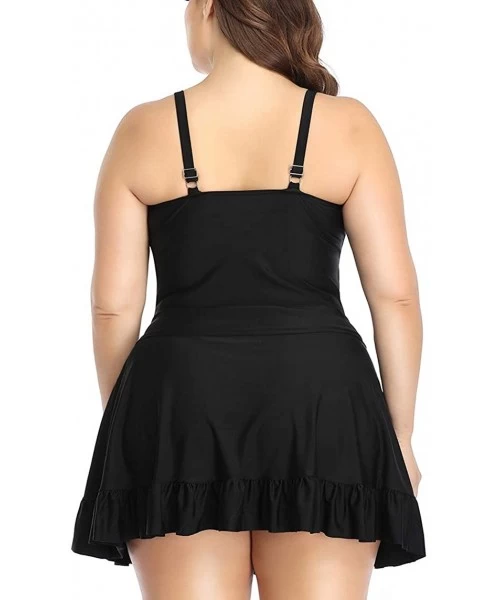 Tankinis Womens Plus Size Ruched Tie Tankini Top Ruffled Skirts Set 2 Piece Swimsuit Swimwear - Solid Black - CP192W9QSEU